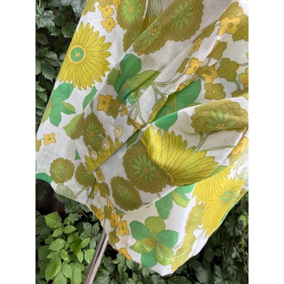 70s Dagger Collar Flower Power Shirt Green Yellow Sheer Floral Volup Custom Made - Picture 5 of 10